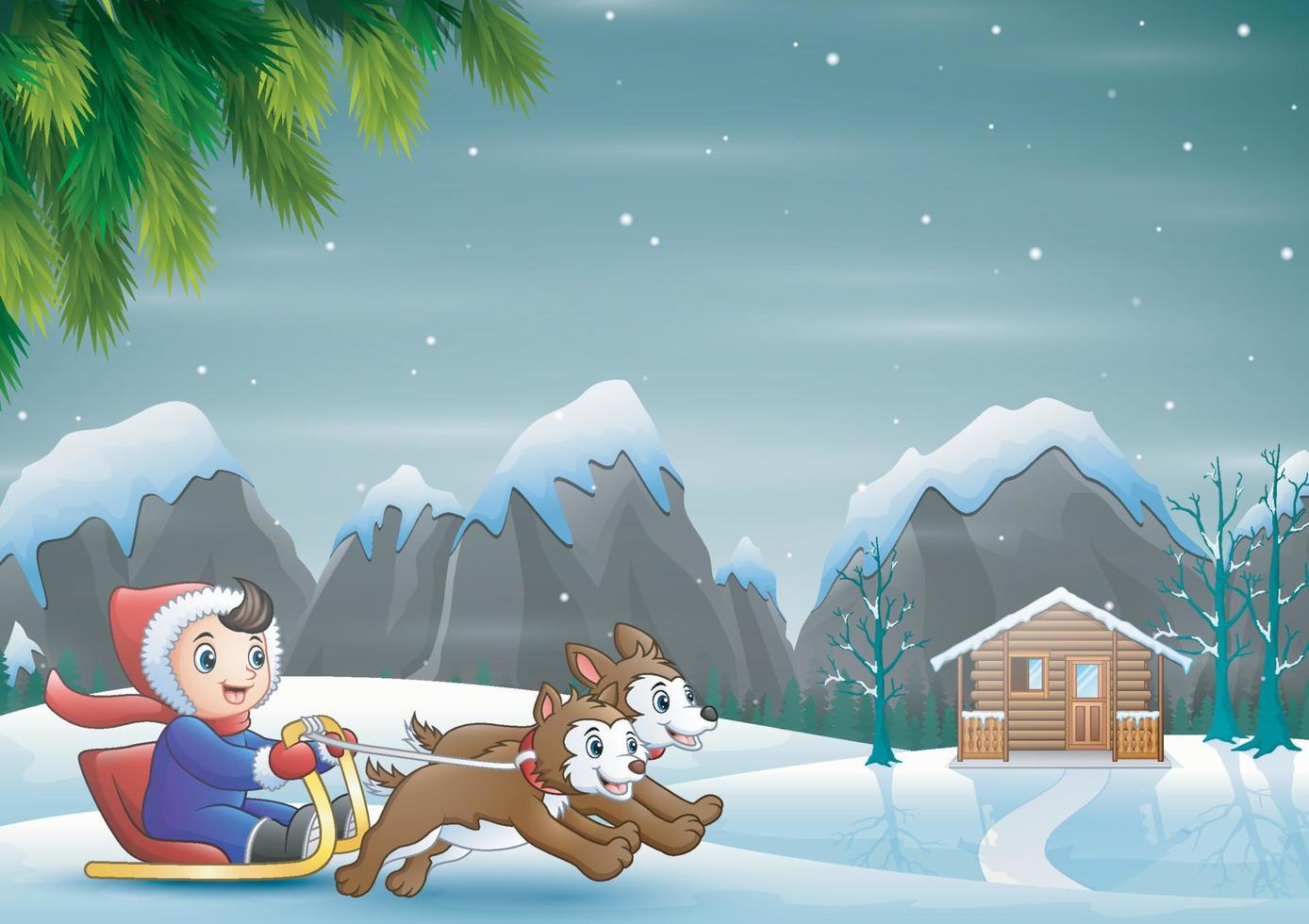 Cartoon boy riding sled passing through the snowy village vector