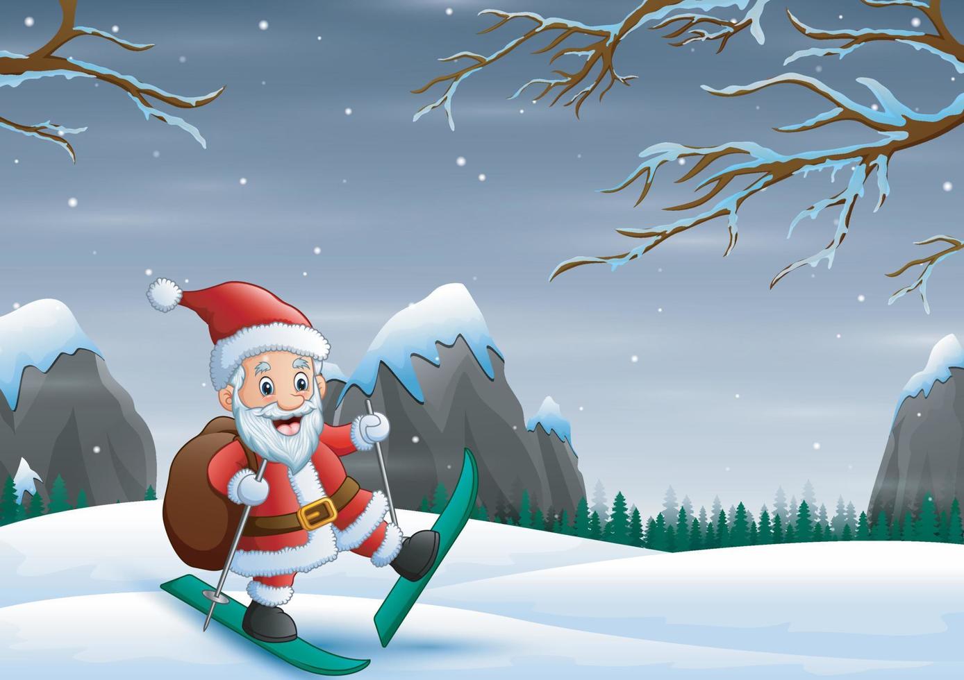 Santa claus skiing down the snow hill with his bag of christmas presents vector