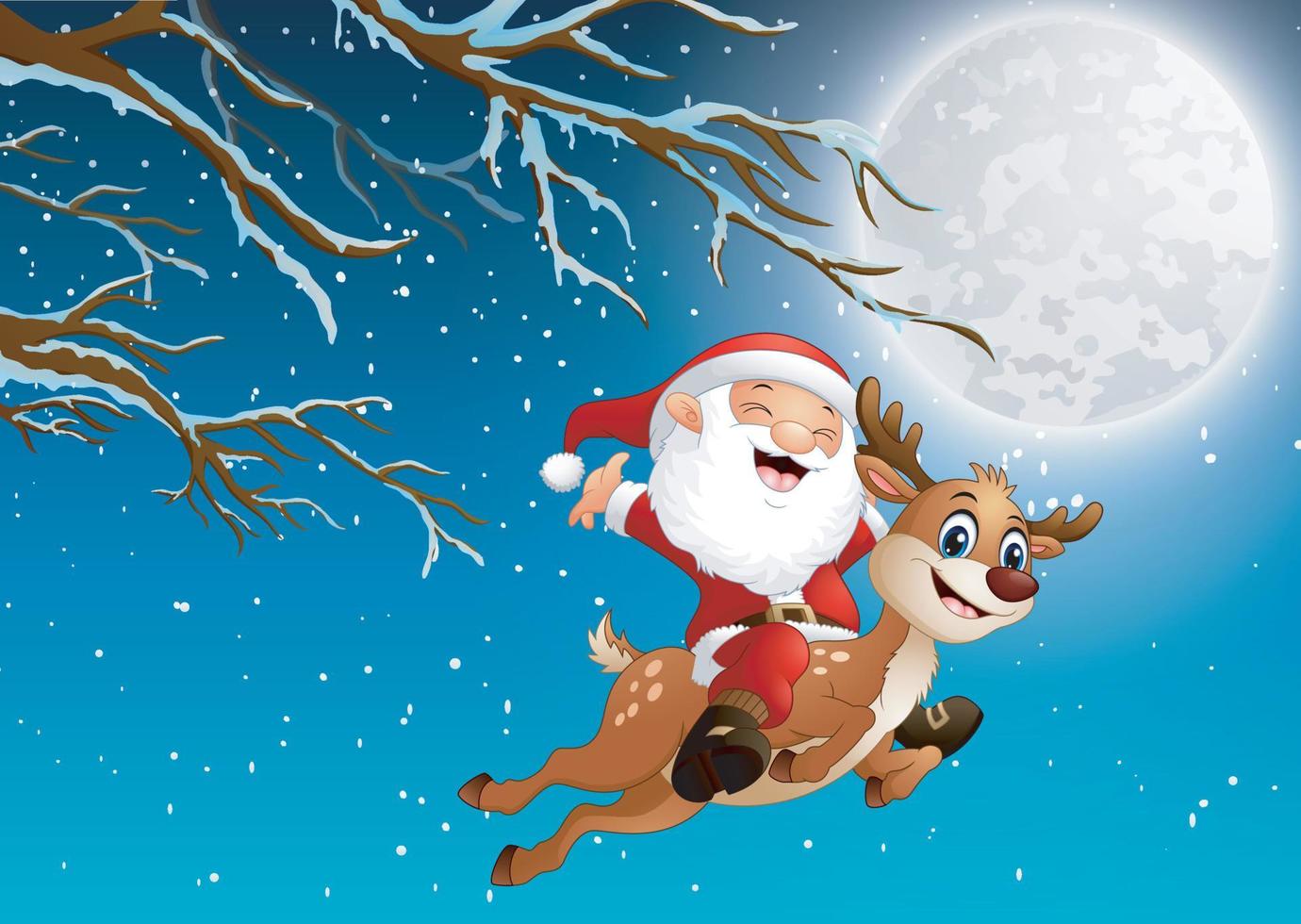 Santa claus riding a reindeer over the christmas night vector