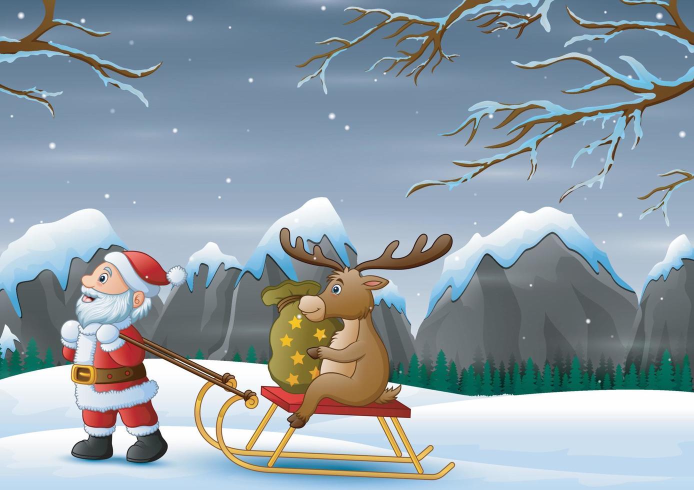 noche de navidad con santa claus tirando de renos en un trineo con saco de regalos vector