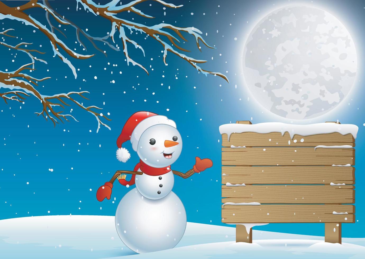 un lindo muñeco de nieve y un cartel de madera en la noche de invierno vector