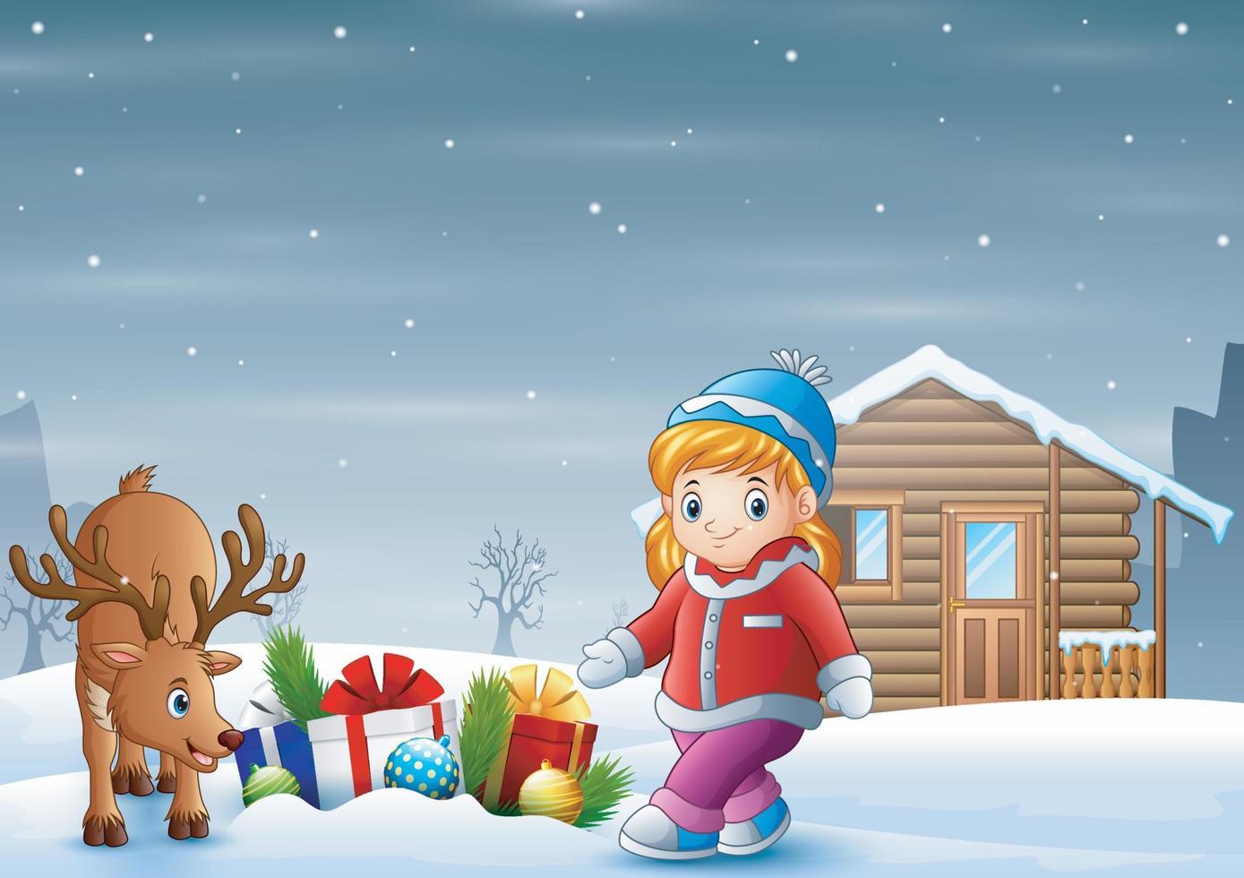 Cartoon little girl with a deer in christmas vector