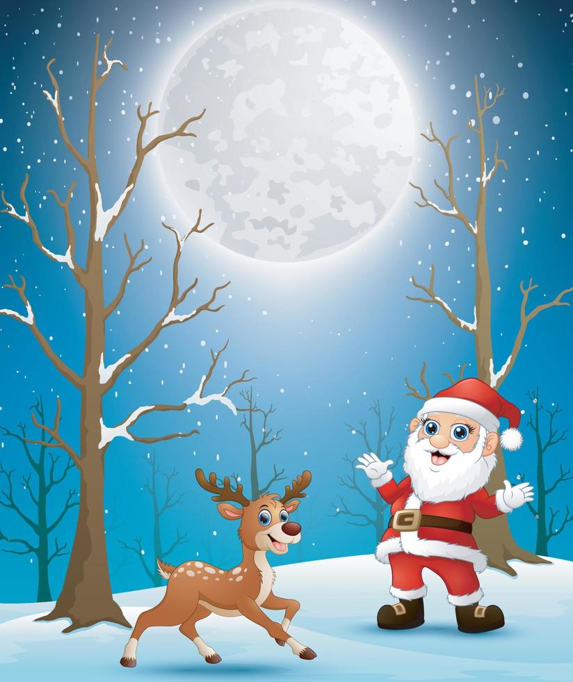 Santa claus with reindeer at christmas winter night vector