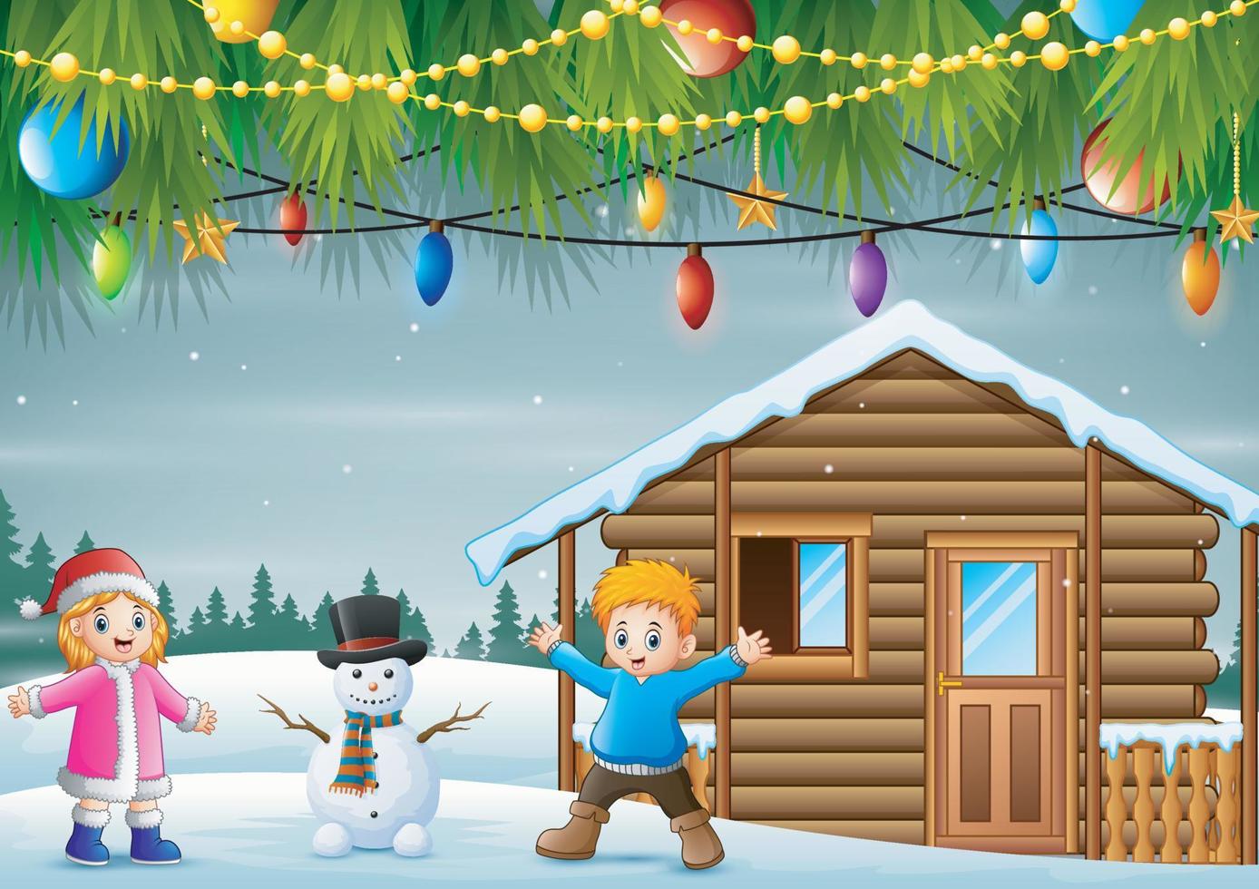 Children with snowman in front the snowy house vector