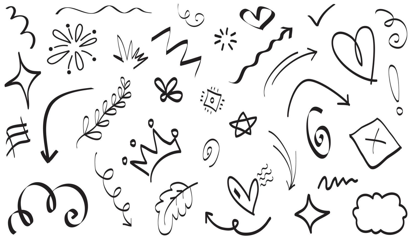 Abstract arrows, ribbons, crowns, hearts, explosions and other elements in hand drawn style for concept design. Doodle illustration. Vector template for decoration