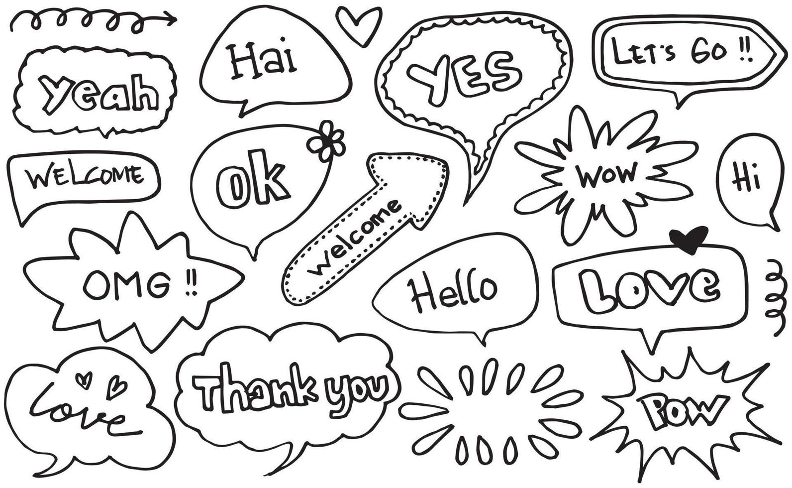 Hand drawn set of cute speech bubbles with text in doodle style. vector illustration