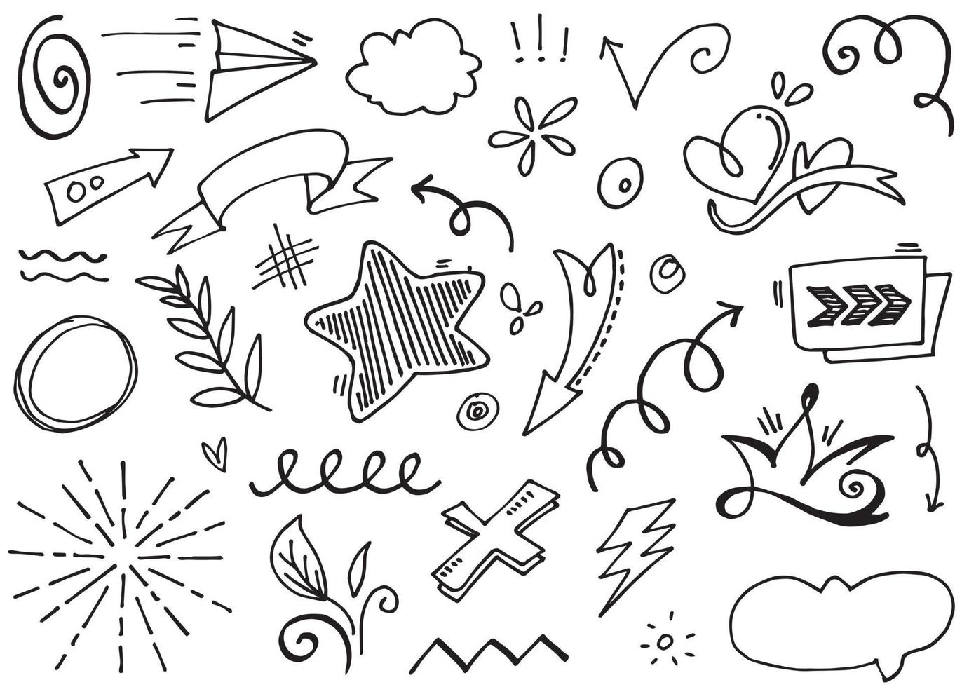 Abstract arrows, ribbons, crowns, hearts, explosions and other elements in hand drawn style for concept design. Doodle illustration. Vector template for decoration