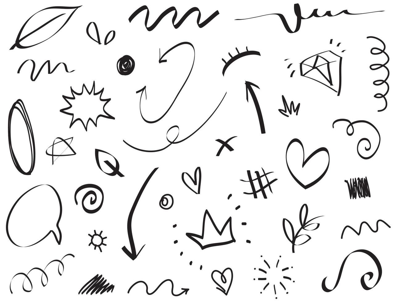 Abstract arrows, ribbons, crowns, hearts, explosions and other elements in hand drawn style for concept design. Doodle illustration. Vector template for decoration