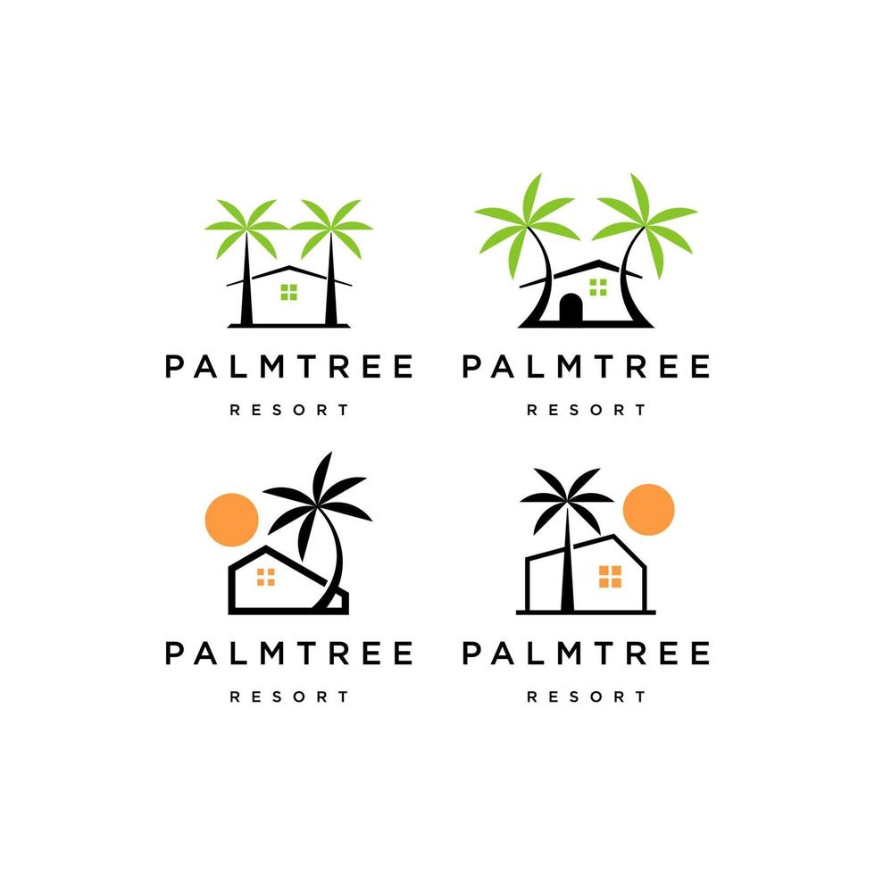 vector plano de plantilla de diseño de icono de logotipo de casa de resort de palmeras