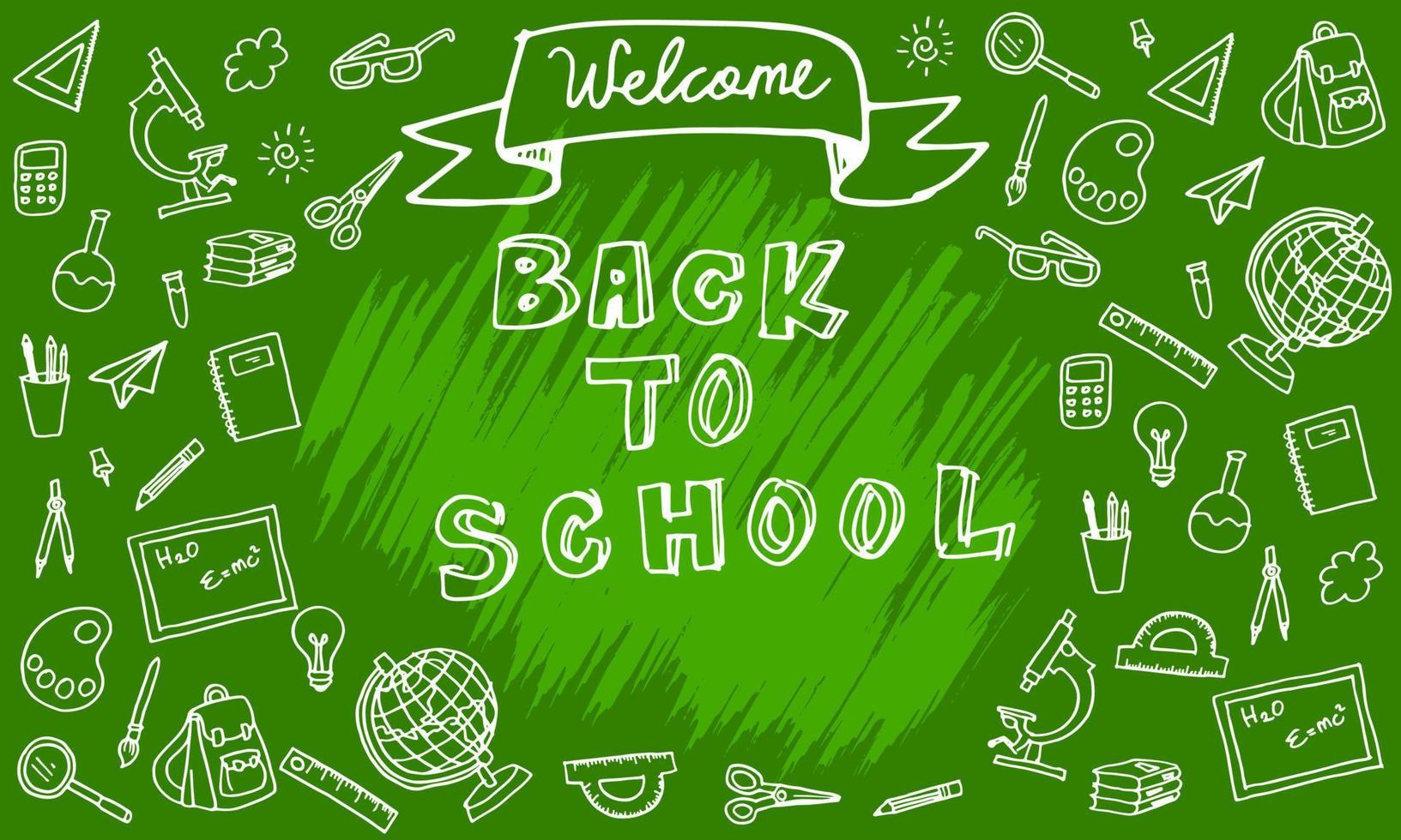 Back to School banner with hand drawn line art icons of education, science objects and office supplies, school supplies. Concept of education background. vector