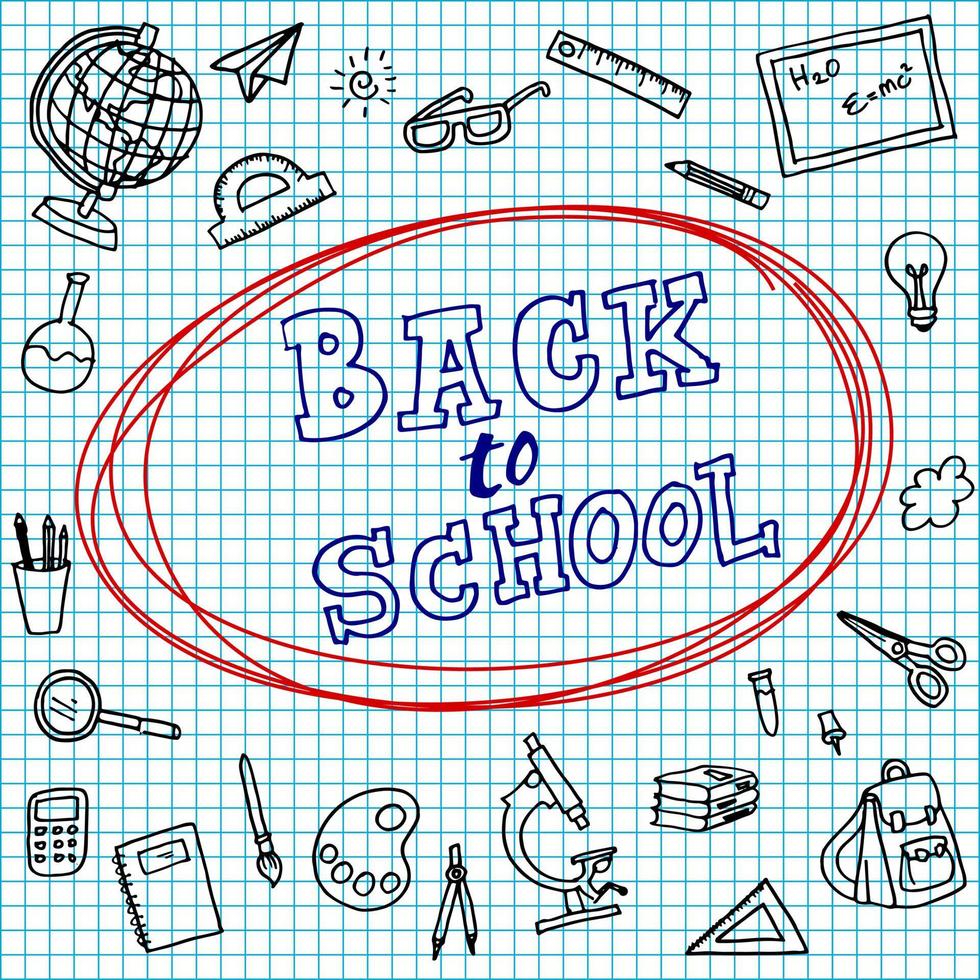 Back to School banner with hand drawn line art icons of education, science objects and office supplies, school supplies. Concept of education background. vector