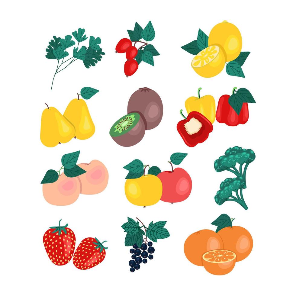 gran conjunto de frutas y verduras que contienen ilustración vectorial de vitamina c vector