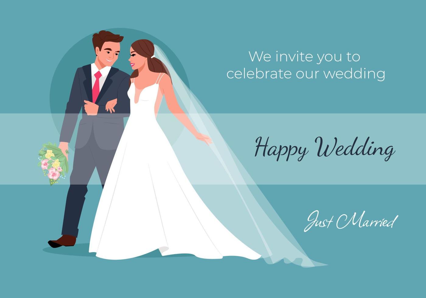Happy brides go holding hands smiling. Wedding invitation. Vector illustration in flat cartoon style