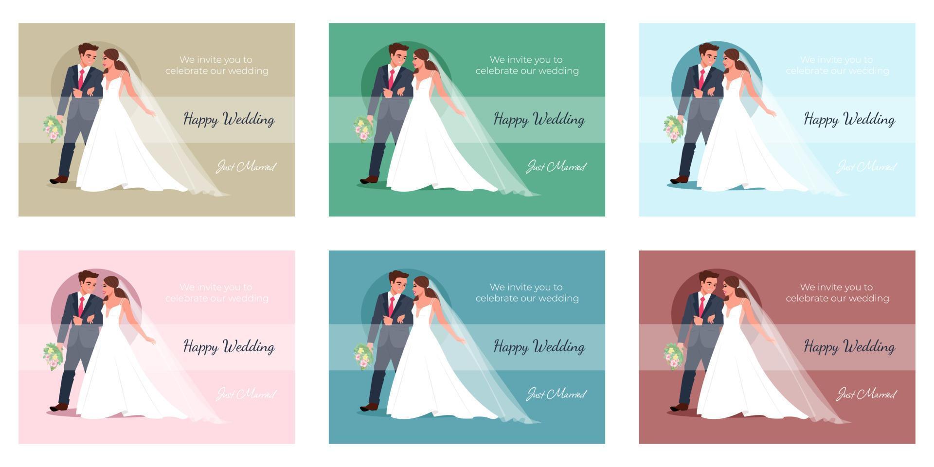 conjunto de postales felices recién casados. la novia sostiene la mano del novio. ilustración vectorial vector