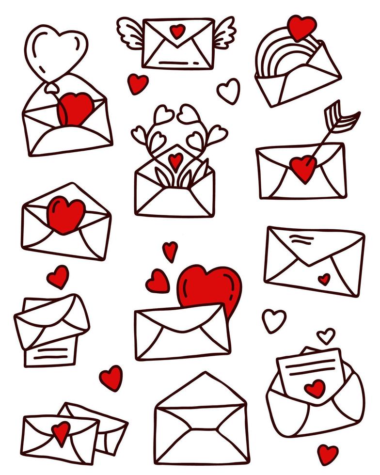 Set of linear hand drawn doodles. envelopes, letters with love and hearts, arrows, flowers and rainbow. Vector illustration. Isolated elements on white background for valentines, design and decoration