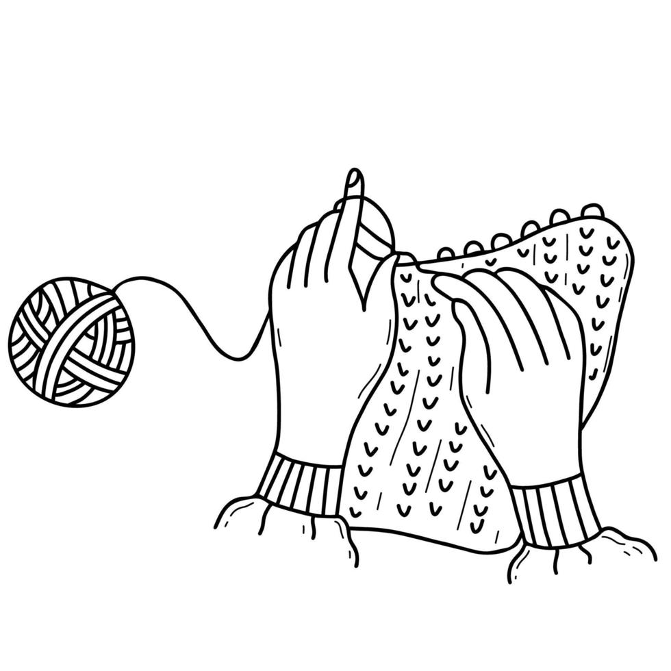 Hand knitting. Vector illustration in linear hand drawn doodle style