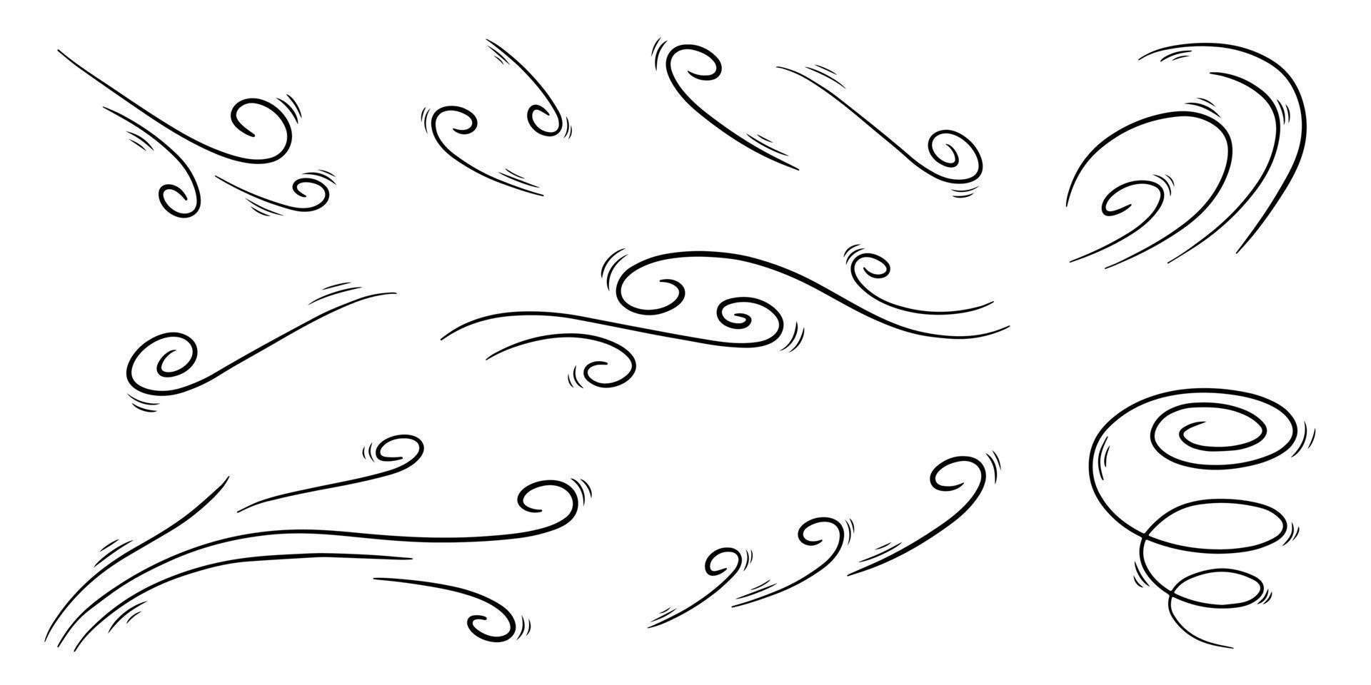 Wind blow set in doodle style, vector illustration. Wave cold air during windy weather. Gust symbol outline for print and design. Isolated black line element on a white background