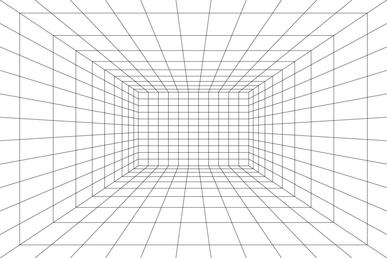 Grid room in perspective, vector illustration in 3d style. Indoor wireframe from black lines, template interior square, digital empty box. Minimal background design