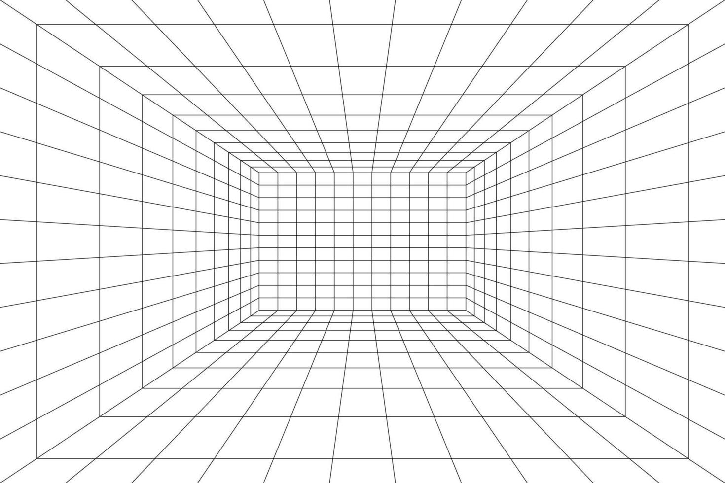 Grid room in perspective, vector illustration in 3d style. Indoor wireframe from black lines, template interior square, digital empty box. Minimal background design