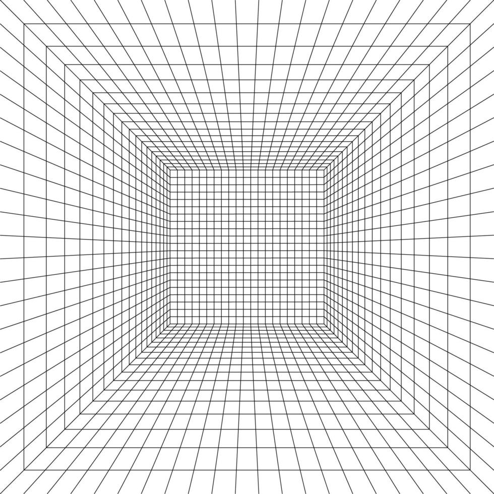 Grid room in perspective, vector illustration in 3d style. Indoor wireframe from black lines, template interior square, digital empty box. Abstract geometric design background