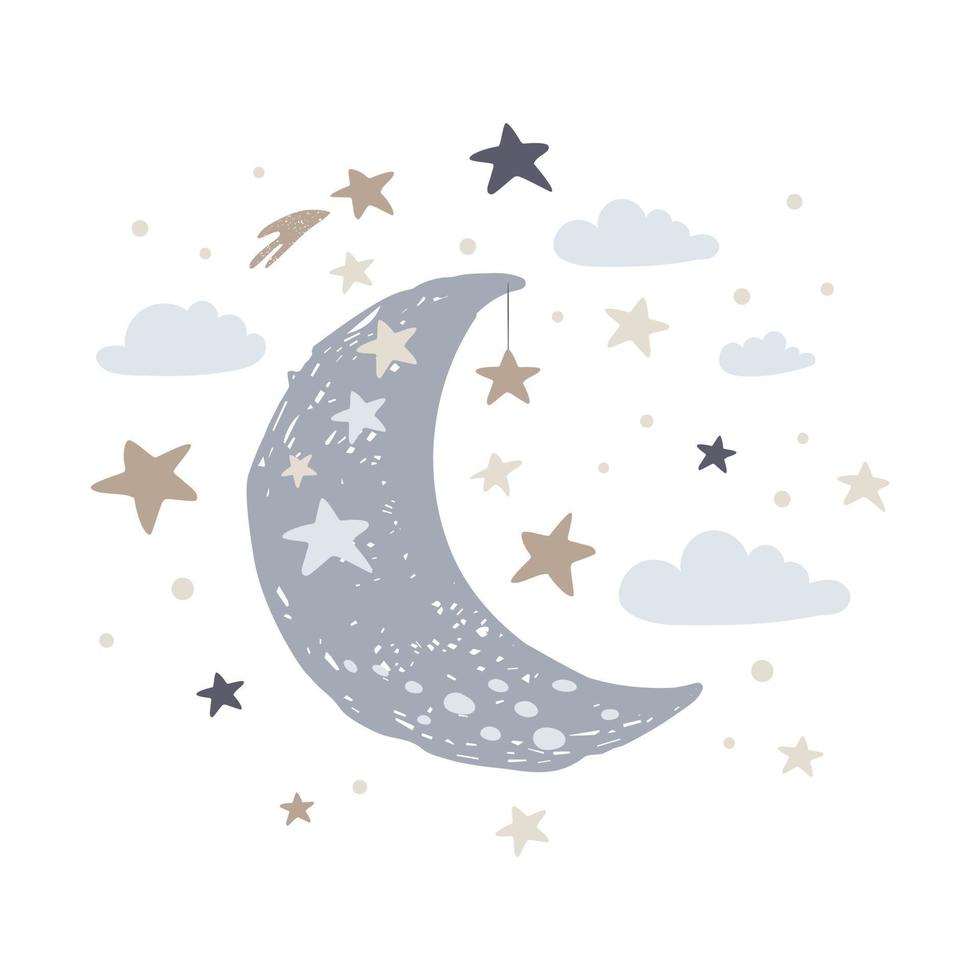 Nursery poster with cute moon cloud and stars. Vector Illustration