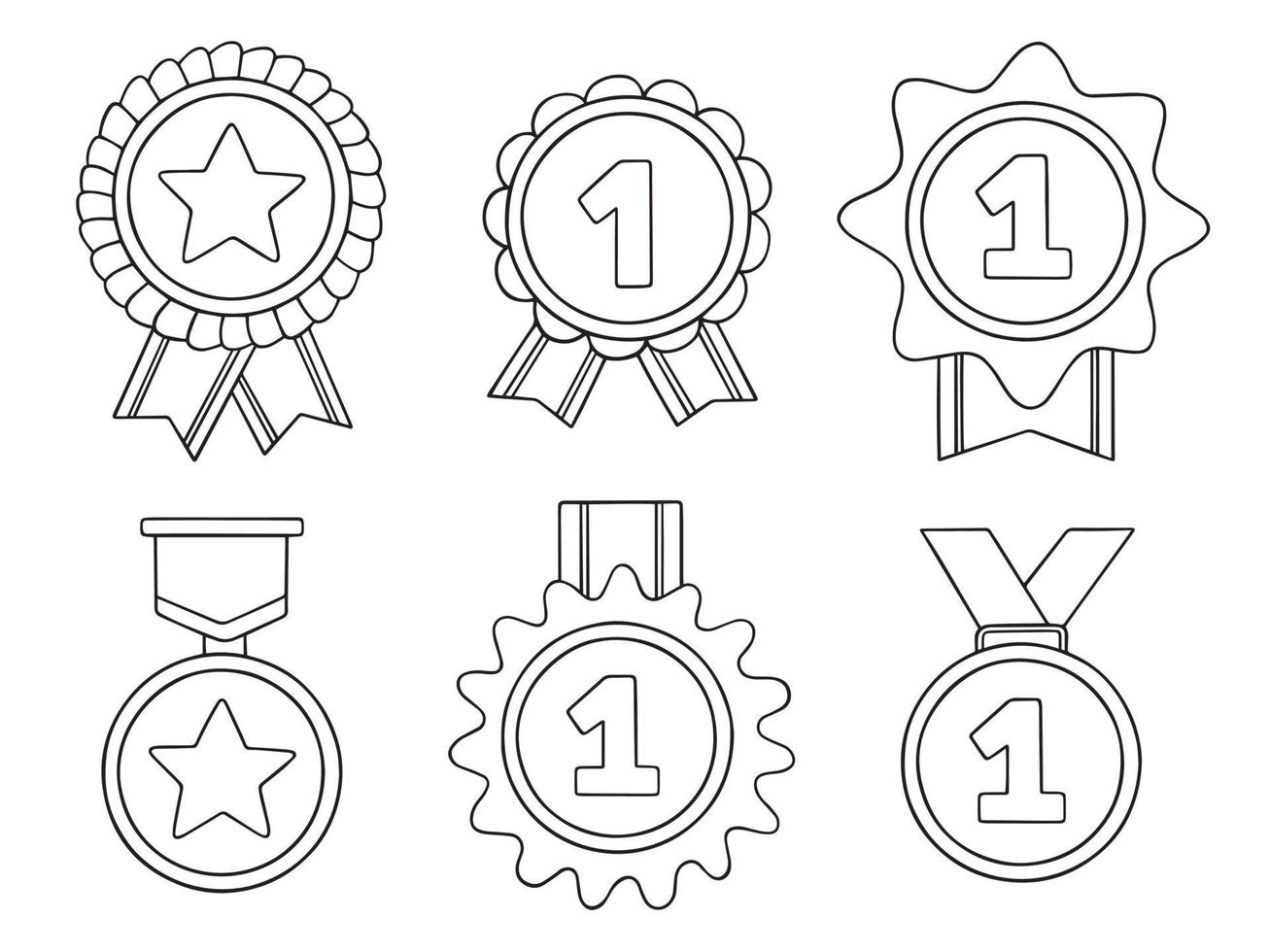 Hand drawn set of medals doodles. Champion and winner awards medal with ribbon in sketch style.  Vector illustration isolated on white background.