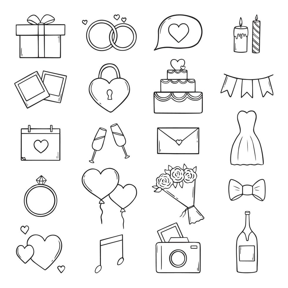 Hand drawn set of wedding doodle icons. Wedding symbols in sketch style for invitations, greeting cards, posters. Vector illustration isolated on white background.