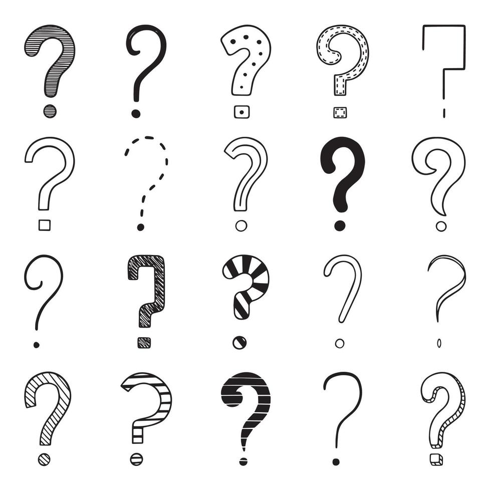 Hand drawn set of question marks doodle. Different interrogation signs in sketch style.  Vector illustration isolated on white background.
