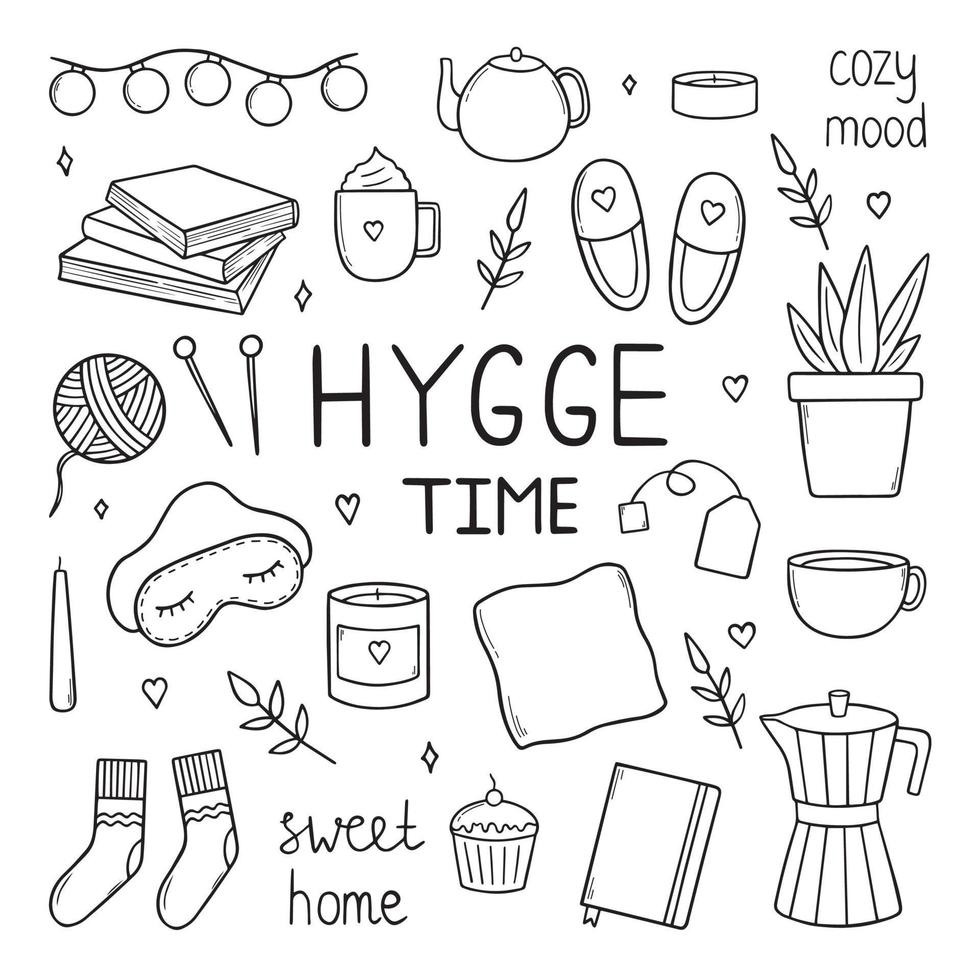 Hand drawn set of home hygge doodles. Coziness and comfortable lifestyle, cozy home. Cushion, house plant, mask for sleep, socks in sketch style.  Vector illustration isolated on white background.