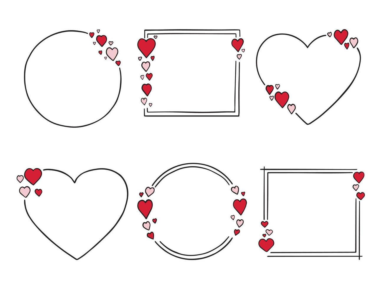 Set of romantic frames with Hearts. Doodle sketch style. For decorating greeting cards, wedding invitations. Hand drawn vector illustration isolated on white background.