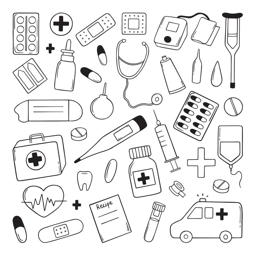 Hand drawn set of medicine doodles. Medicine equipment, drugs, pills, pharmacy in sketch style.  Vector illustration isolated on white background.