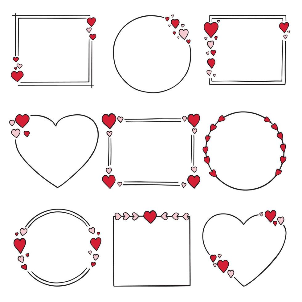 conjunto de marcos románticos con corazones. estilo de dibujo de fideos. para decorar tarjetas de felicitación, invitaciones de boda. ilustración vectorial dibujada a mano aislada sobre fondo blanco. vector