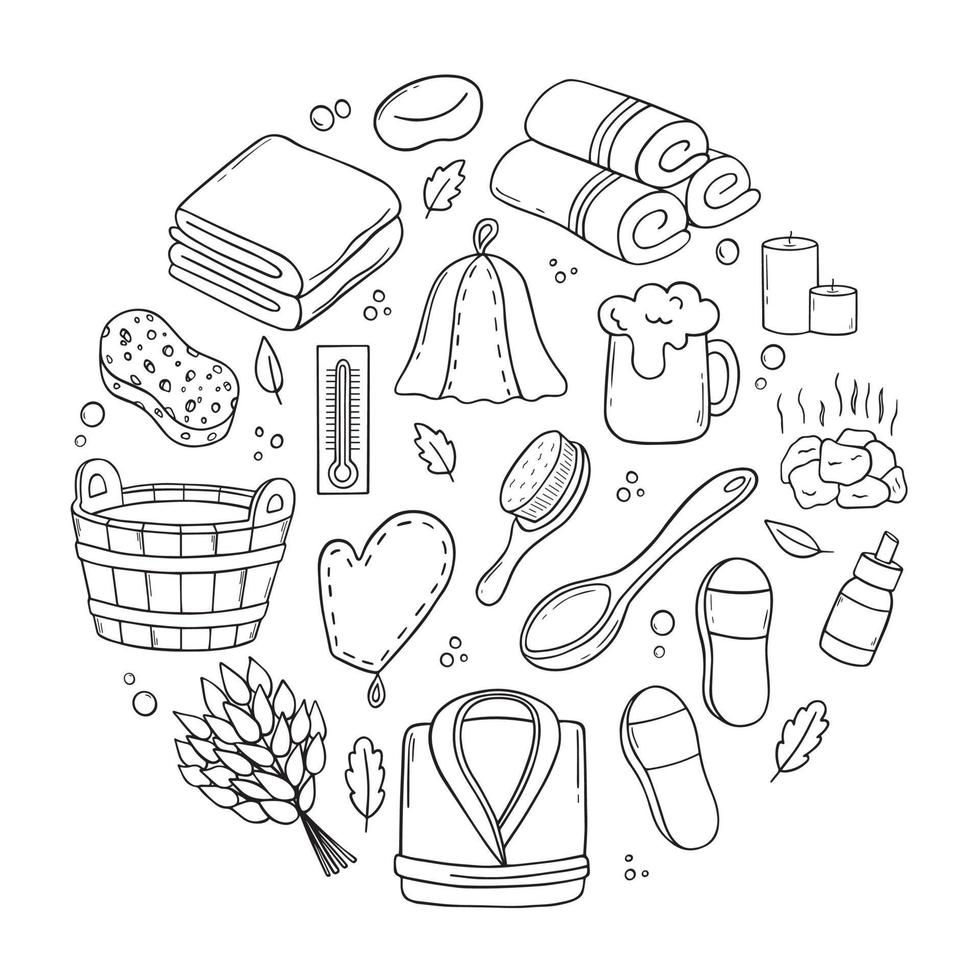 Set of sauna and bath doodle in circle shape.  Bathrobe, towel, soap, bucket, hat in sketch style.  Hand drawn vector illustration isolated on white background.