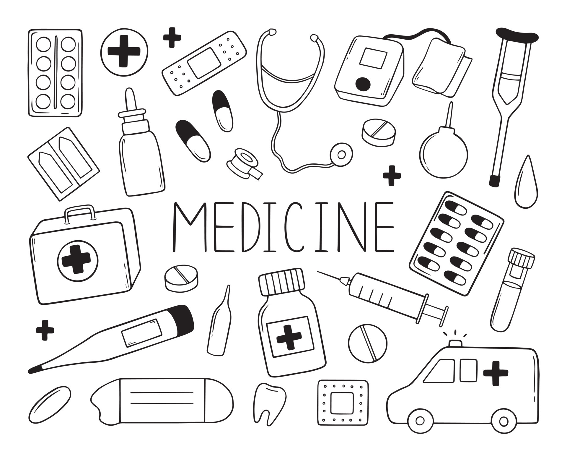 Hand drawn set of medicine doodles. Medicine equipment, drugs, pills