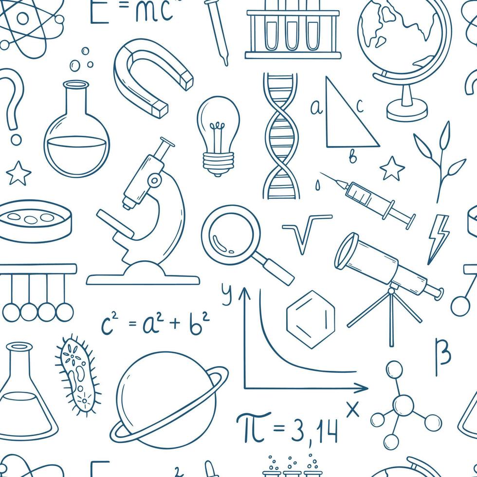 Seamless pattern of Education and Science doodle. Formulas in physics, mathematics and chemistry, laboratory equipment in sketch style. Hand drawn vector illustration.