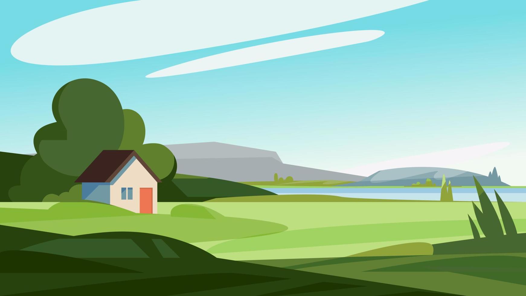 Summer landscape with house on the river bank. vector