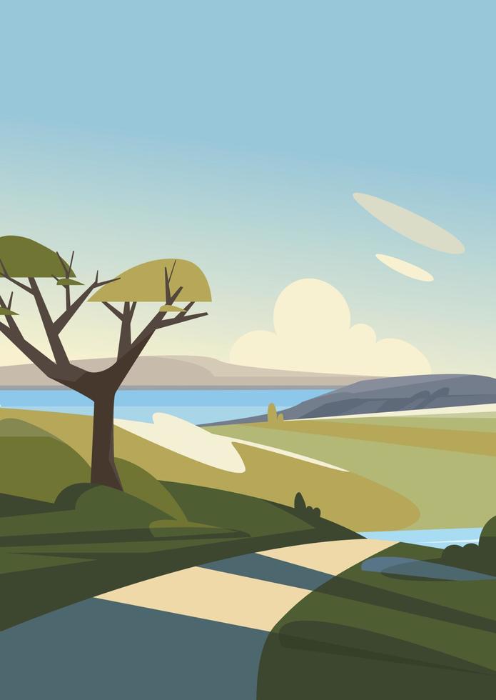 Spring landscape with road to the lake. Natural scenery in portrait format. vector