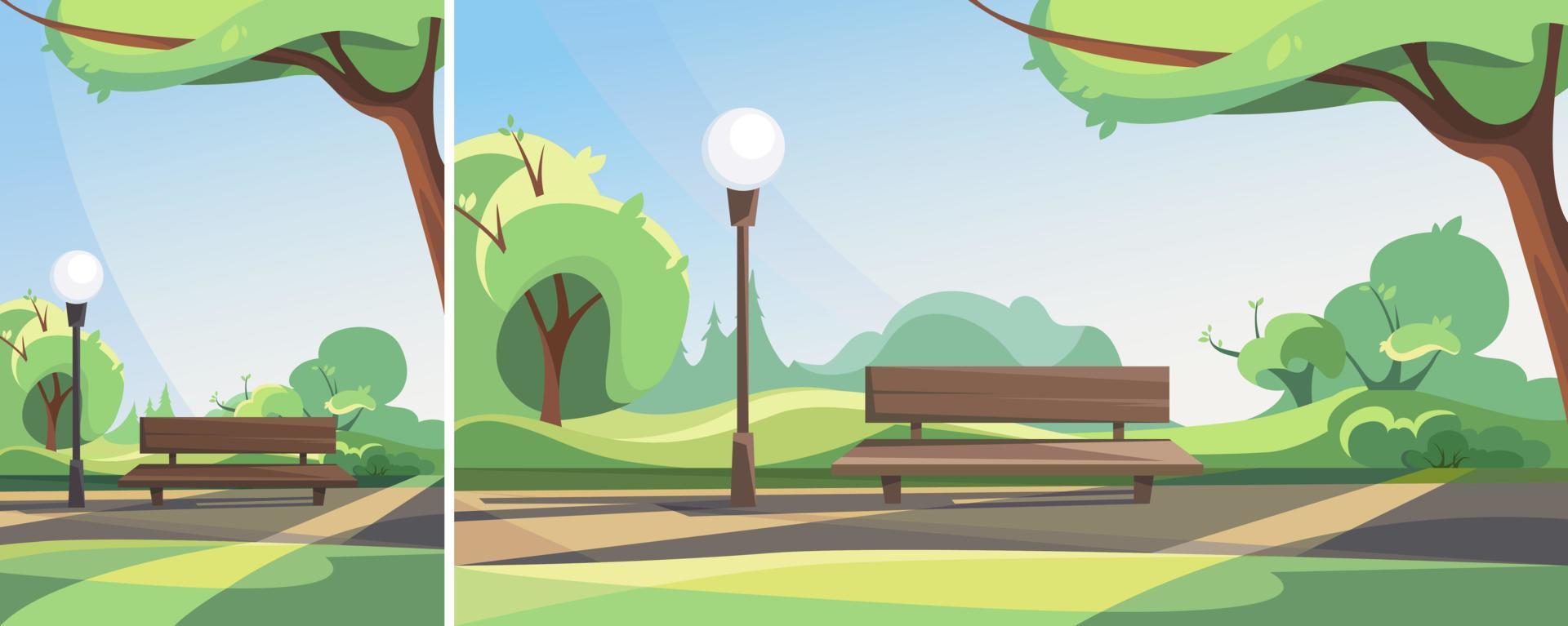 Bench in spring park. Outdoor scene in different formats. vector