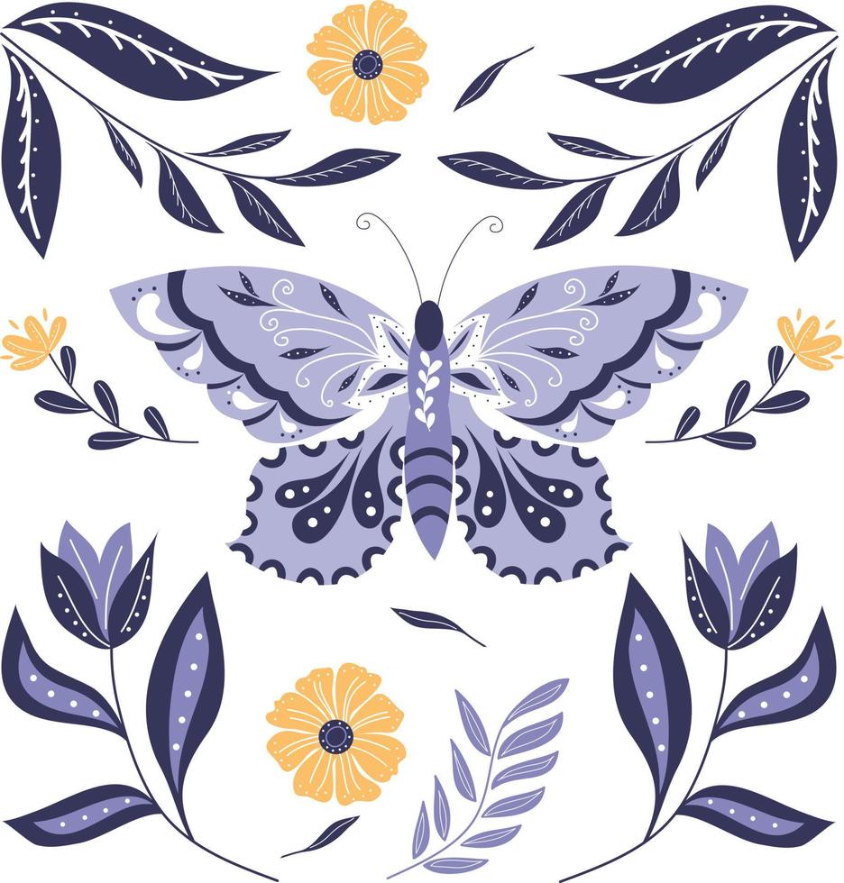 estilo de arte popular. Ilustración de vector plano colorido con mariposa, flores, elementos florales.