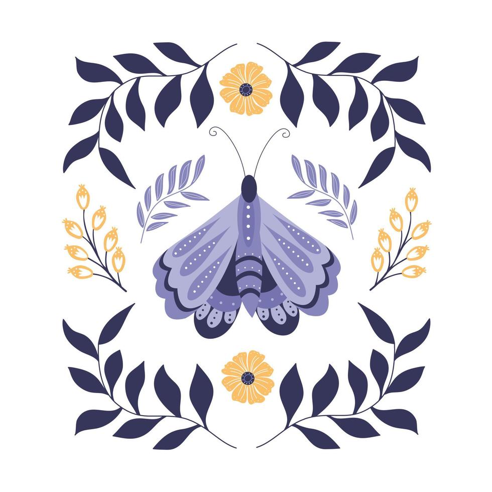 motivo de primavera en estilo de arte popular. Ilustración de vector plano colorido con mariposa, flores, elementos florales.