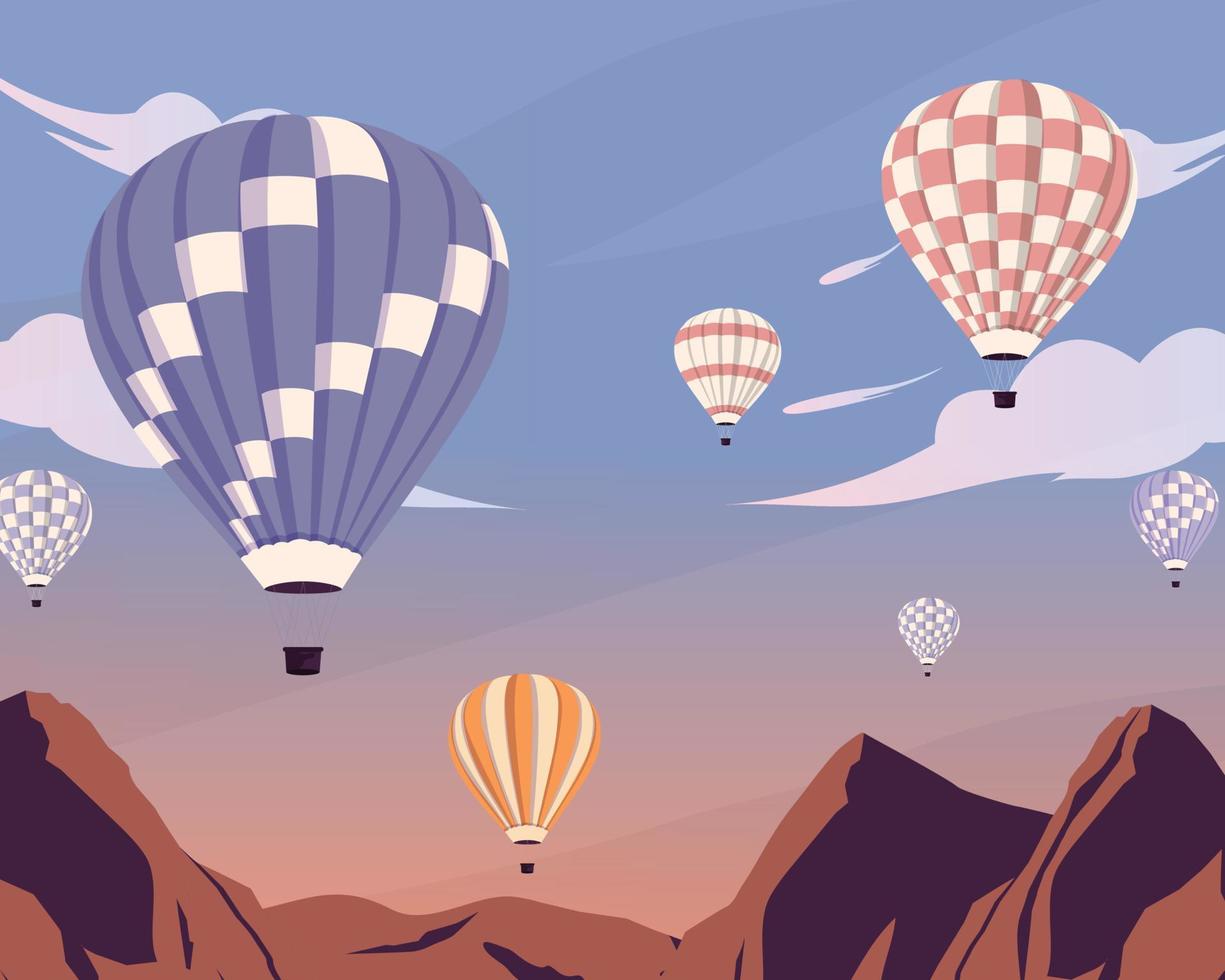 Hot air balloons flying over summer mountain landscape. cartoon banner with nature travel destination. Outdoor ballooning poster, vector illustration.