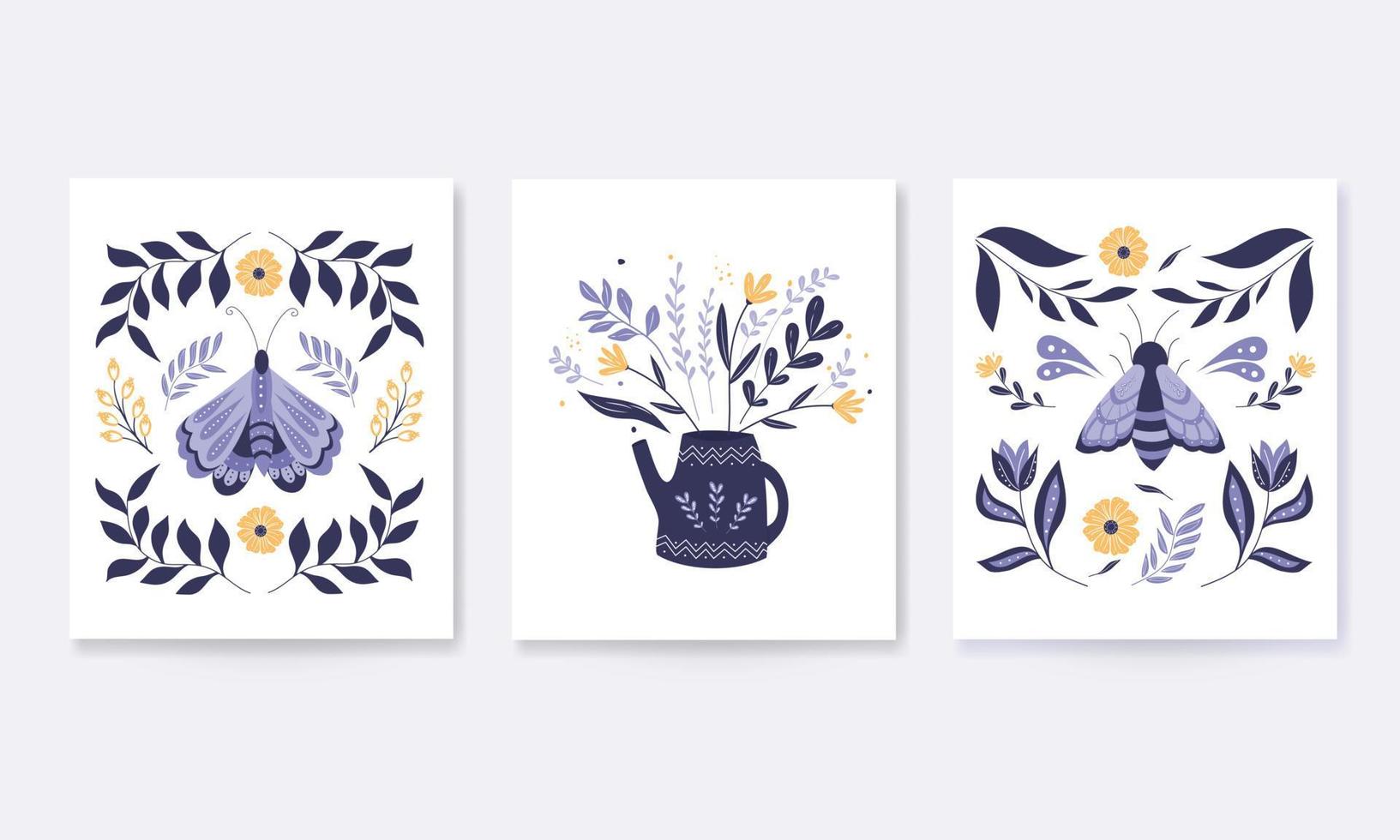 Set of vector folk art flowers and leaves, floral decor
