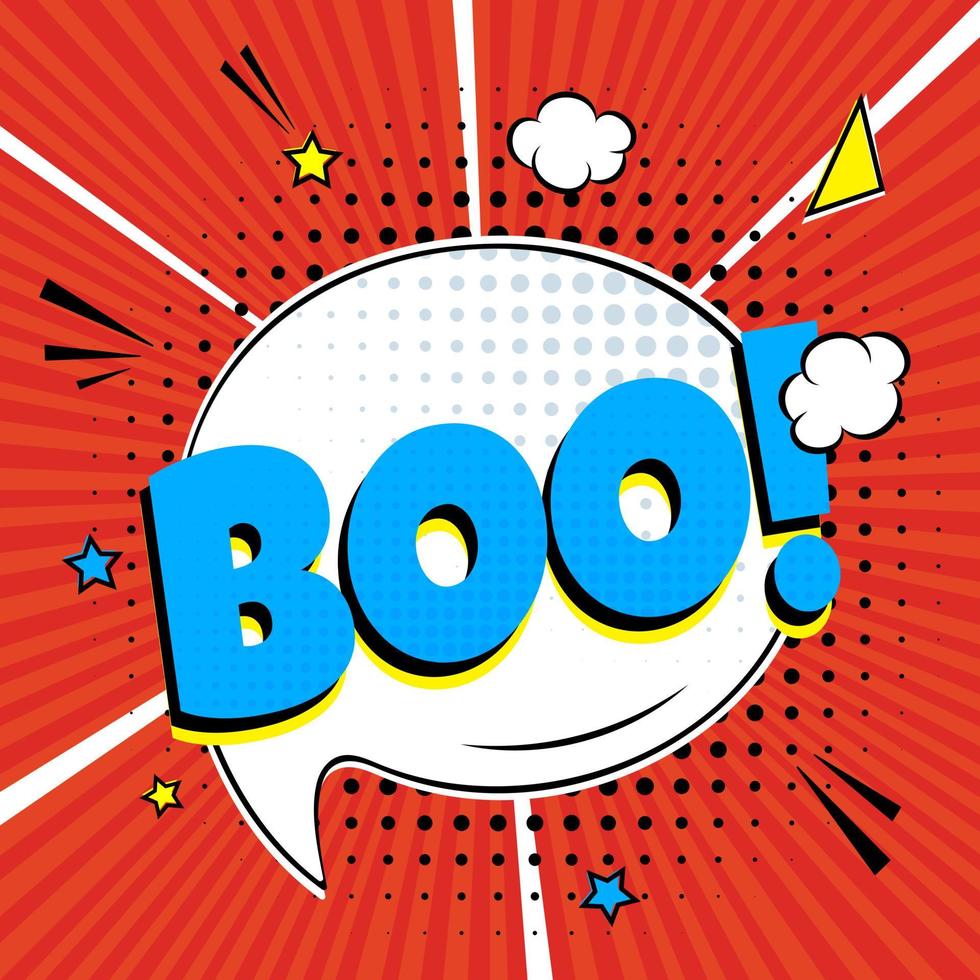 Comic Lettering Boo In The Speech Bubbles Comic Style Flat Design. Dynamic Pop Art Vector Illustration Isolated On Rays Background. Exclamation Concept Of Comic Book Style Pop Art Voice Phrase.