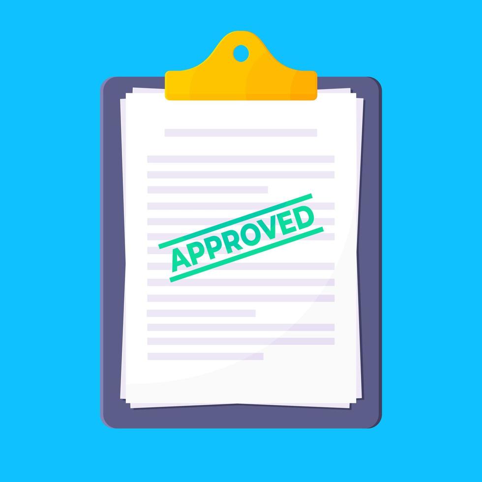 portapapeles con solicitud aprobada o formulario de préstamo de crédito, hojas de papel y sello aprobado vector
