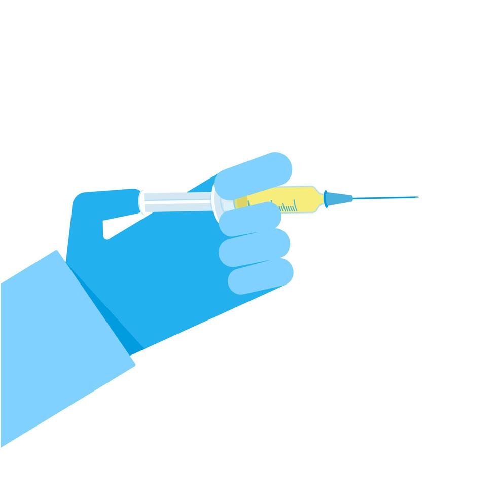 Doctor hand hold syringe with vaccine or medical injection flat style vector illustration isolated on white background. Hospital concept for web sites or mobil apps.