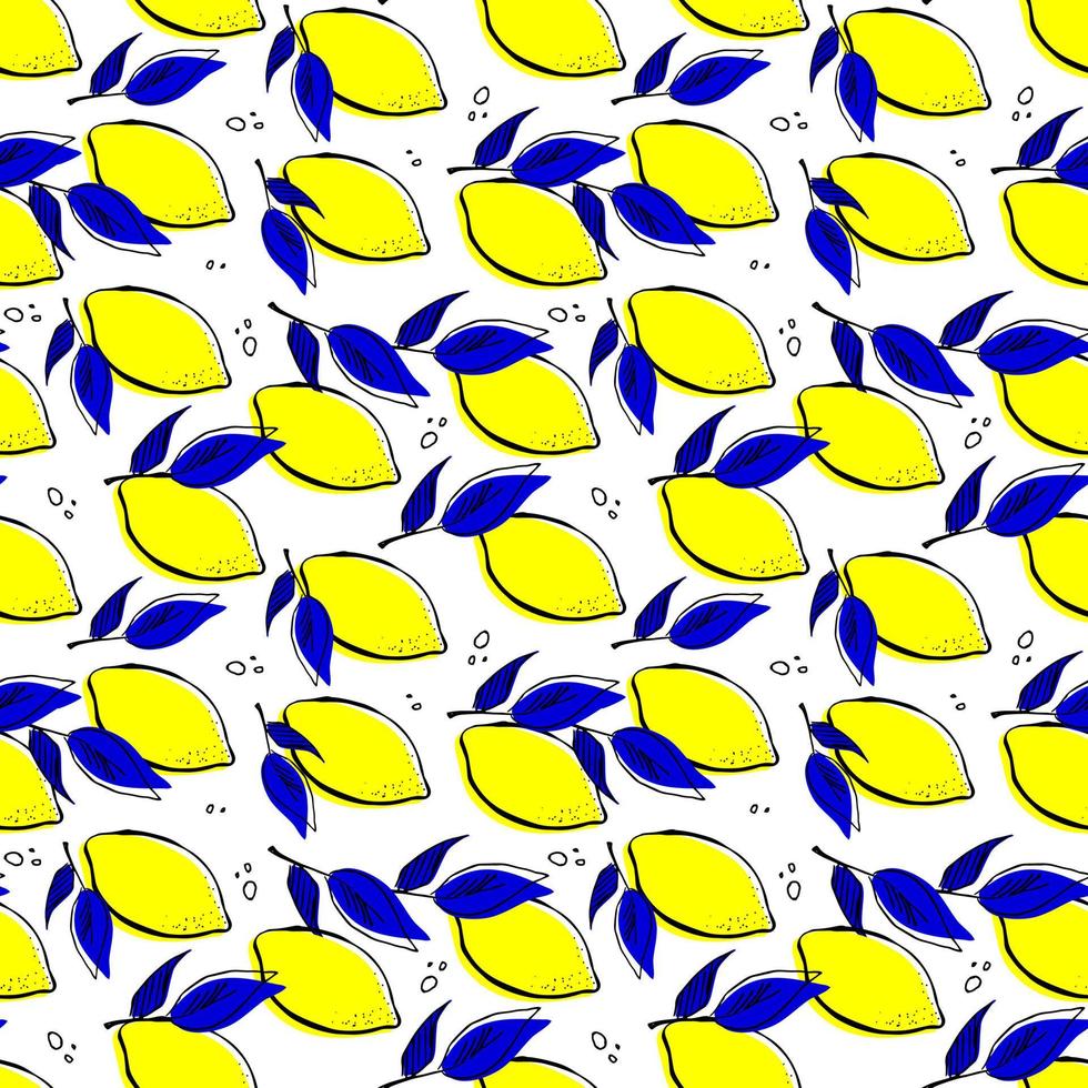 Seamless citrus lemon hand drawn pattern vector illustration isolated on white background. Fruit print, textile pattern or wallpaper with cute elements and colored shapes.