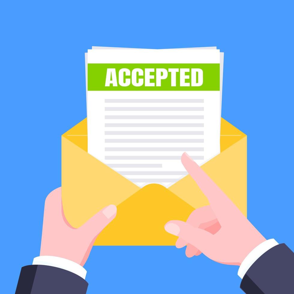 College or university acceptance letter with envelope and paper sheets document email. vector