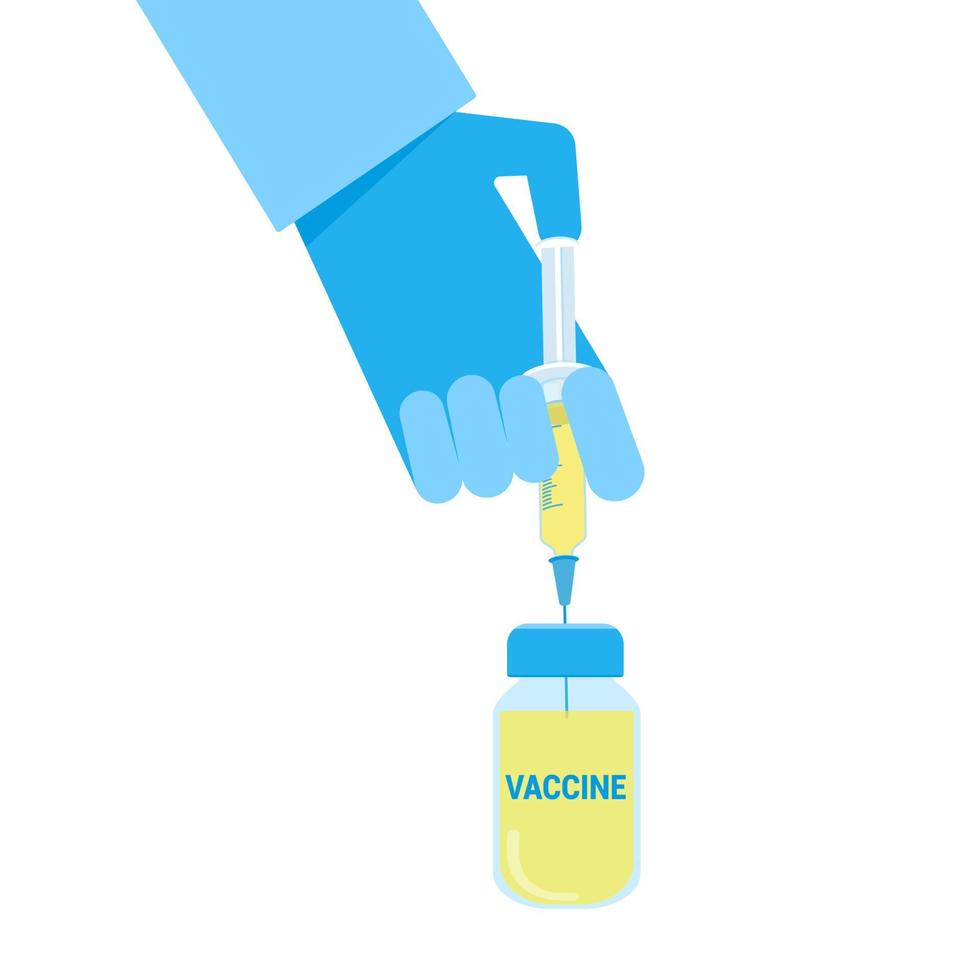 Doctor hand hold syringe with vaccine injection flat style vector illustration isolated on white background. Hospital concept for web sites or mobile apps.