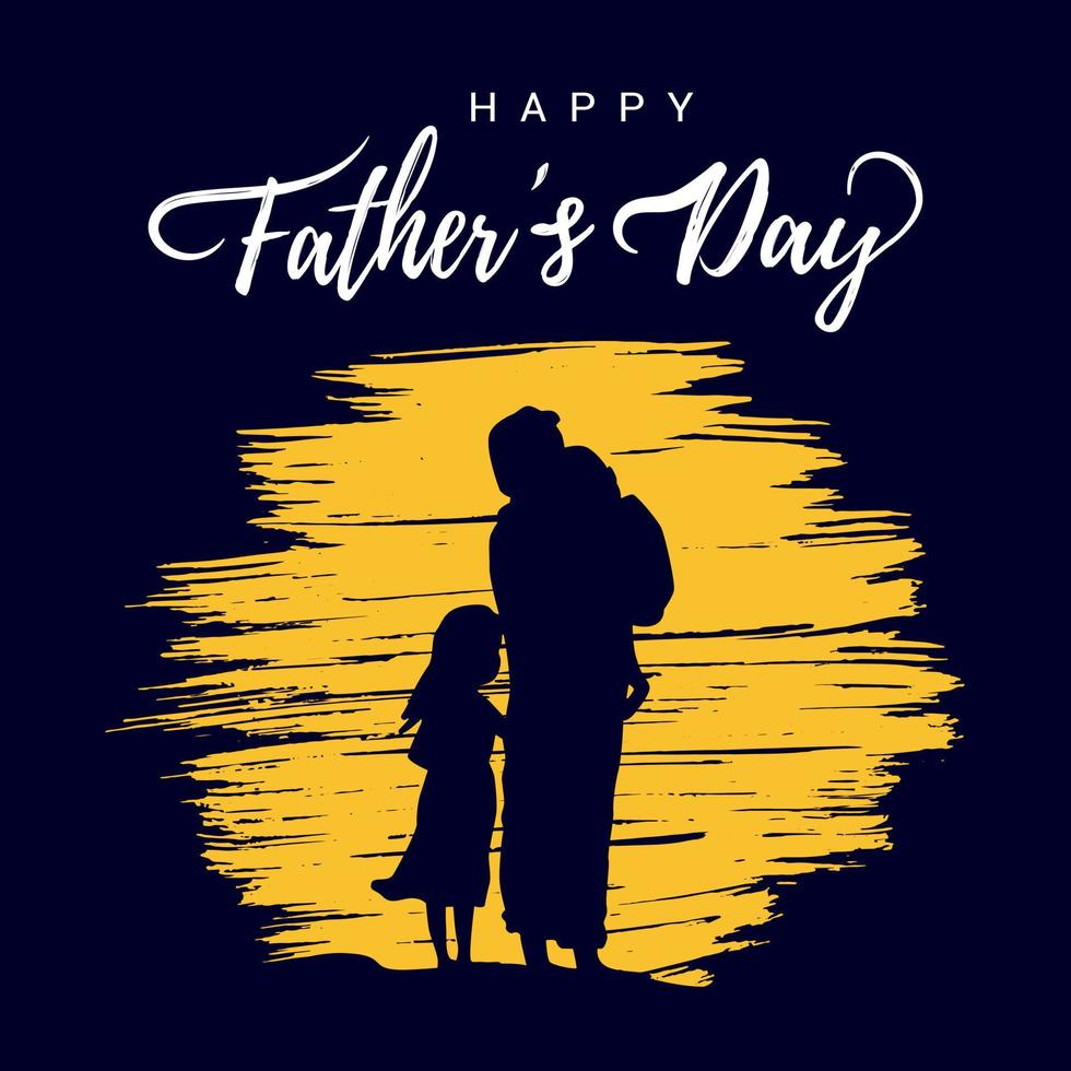 Happy Father's day postcard flat style design vector illustration isolated on black background. Lettering words, man and kids with golded rounded brush stroke behind silhuettes.