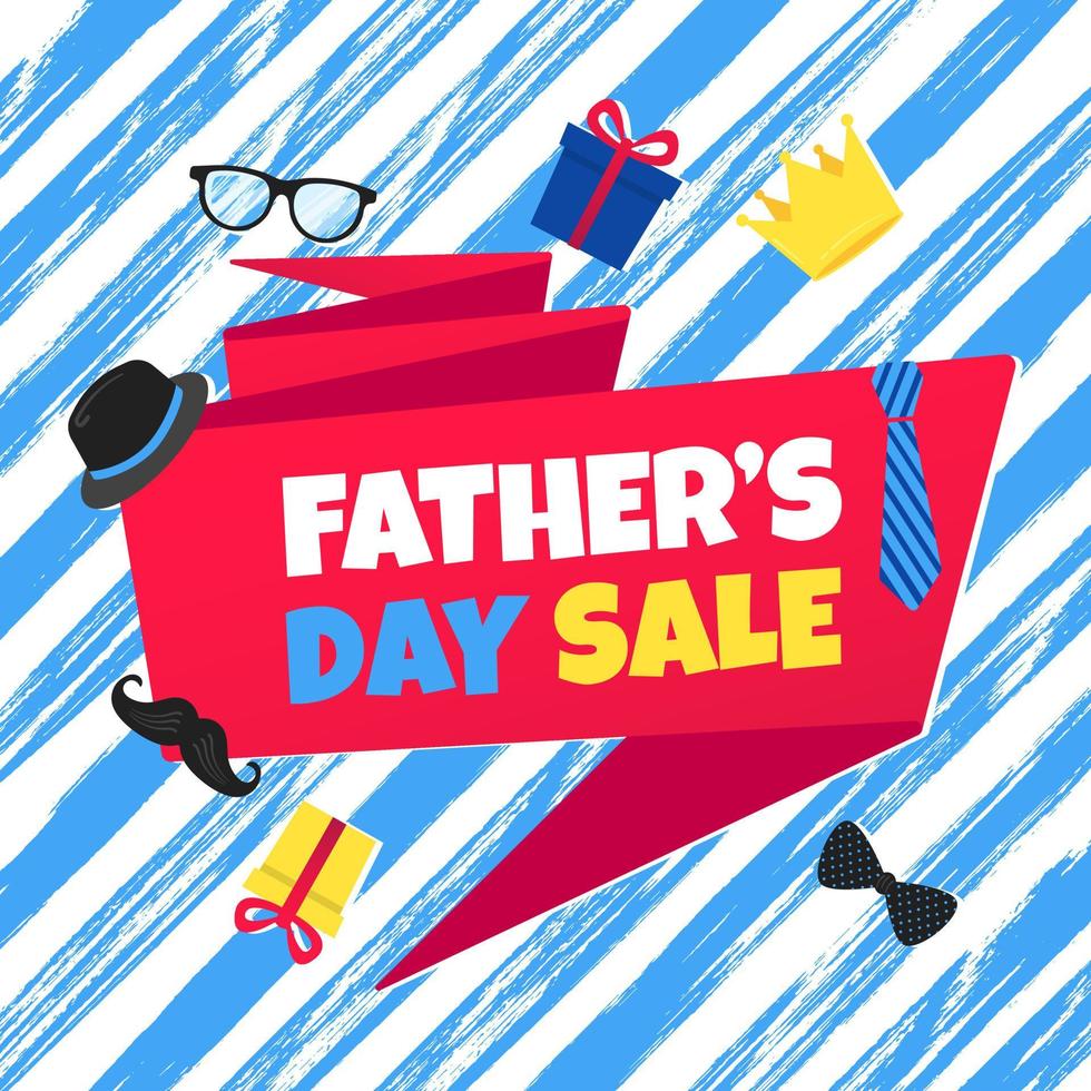 Father's day sale concept template flat style design vector illustration with big ribbon, text typography, gift boxes, hat, golden crown, mustaches, tie bow eye glasses and funny background.